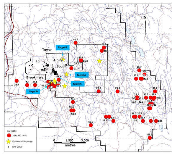 Epithermal Showings, Drill Targets and Gold in Soil Anomalies (2019)